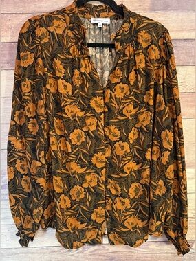 Gibson Latimer Black Blouse with Golden Floral Print